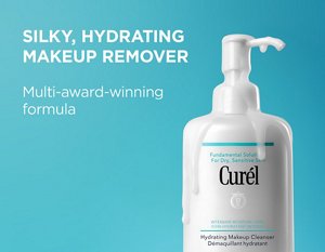 Curél Hydrating Makeup Cleanser with milky texture dripping down packaging